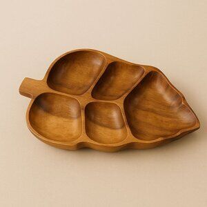 MCM Leaf Shaped Divided Tray Acacia Wood Snack Server Rustic Entertaining Bowl